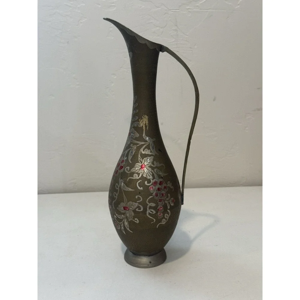 Vintage India Brass Water Pitcher Circa‎ Etched Painted Elegant Curved Handle